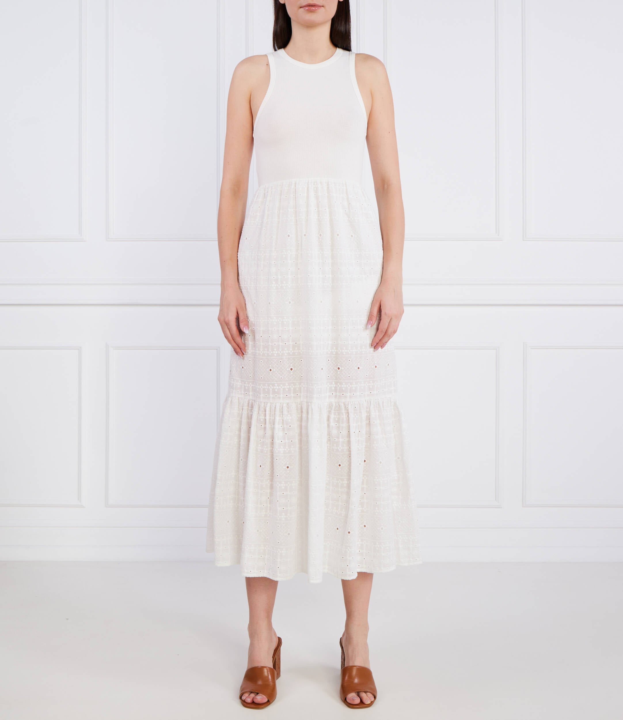 Desigual Ribbed Bodice Broderie Midi Dress – White