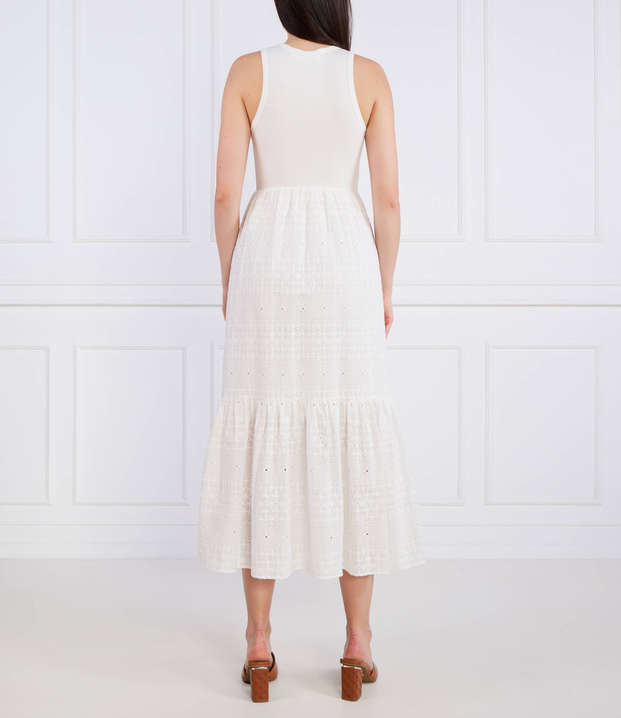 Desigual Ribbed Bodice Broderie Midi Dress – White