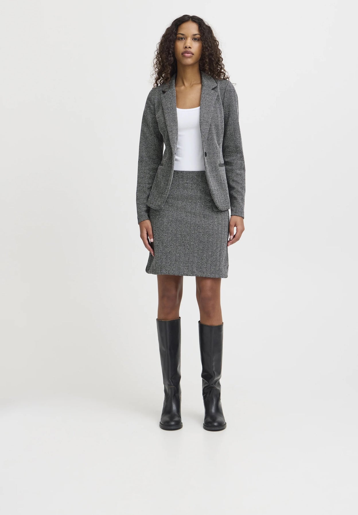 ICHI Kate A-Line Skirt – Black White Herringbone