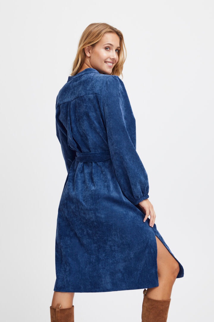 Sorbet Spicy Corduroy Shirt Dress with Belt - Denim Blue