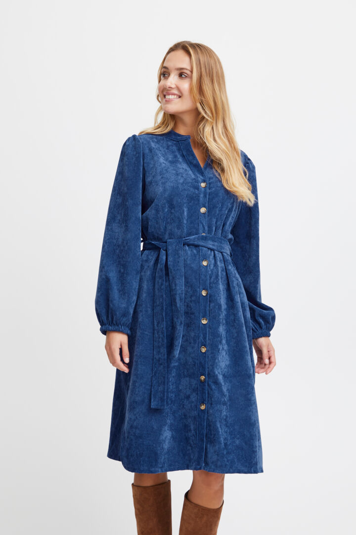 Sorbet Spicy Corduroy Shirt Dress with Belt - Denim Blue