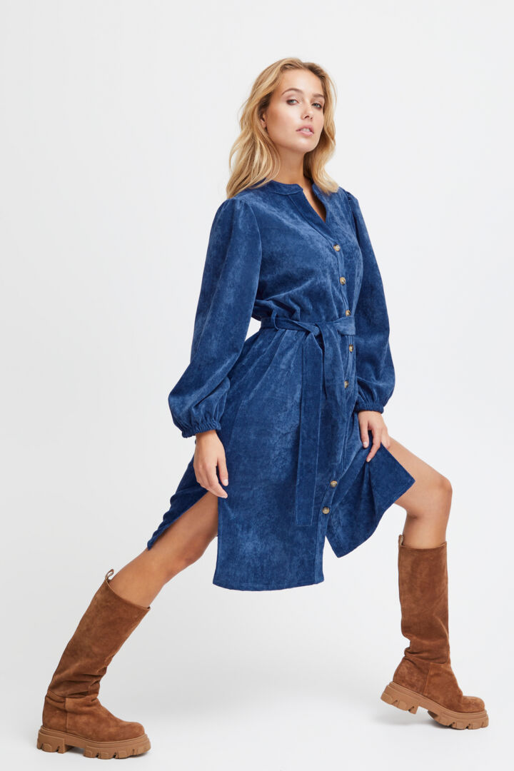 Sorbet Spicy Corduroy Shirt Dress with Belt - Denim Blue