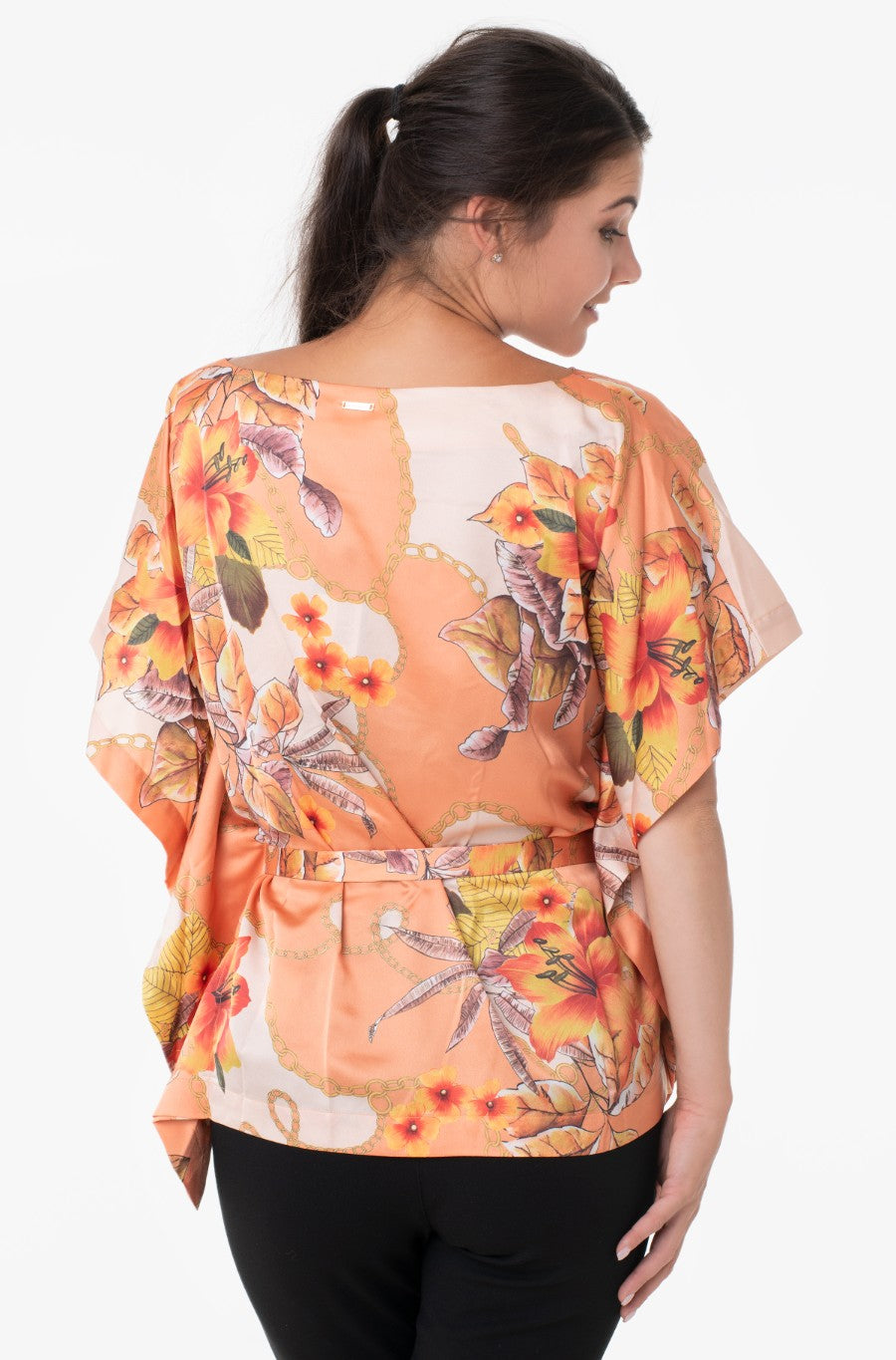 Marciano by Guess Diana narancssárga virágmintás kimonó blúz – oldalsó megkötővel, denevérujjal