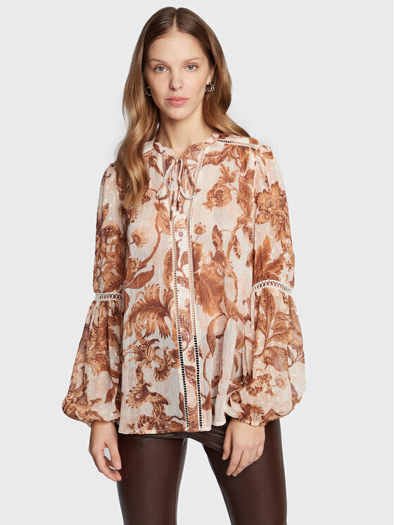 Guess Tunic Long Sleeve with V Neckline Floral – bézs