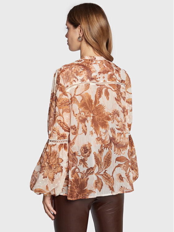 Guess Tunic Long Sleeve with V Neckline Floral – Beige