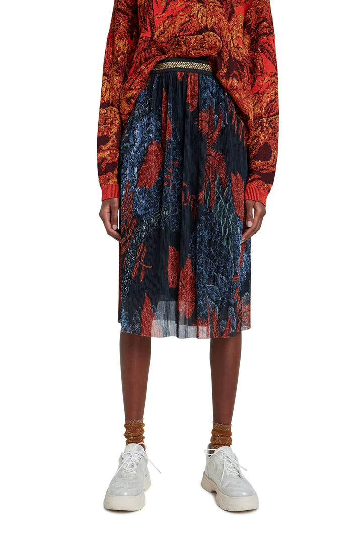 Desigual Virgine Pleated Midi Skirt with Gold Elastic Waist