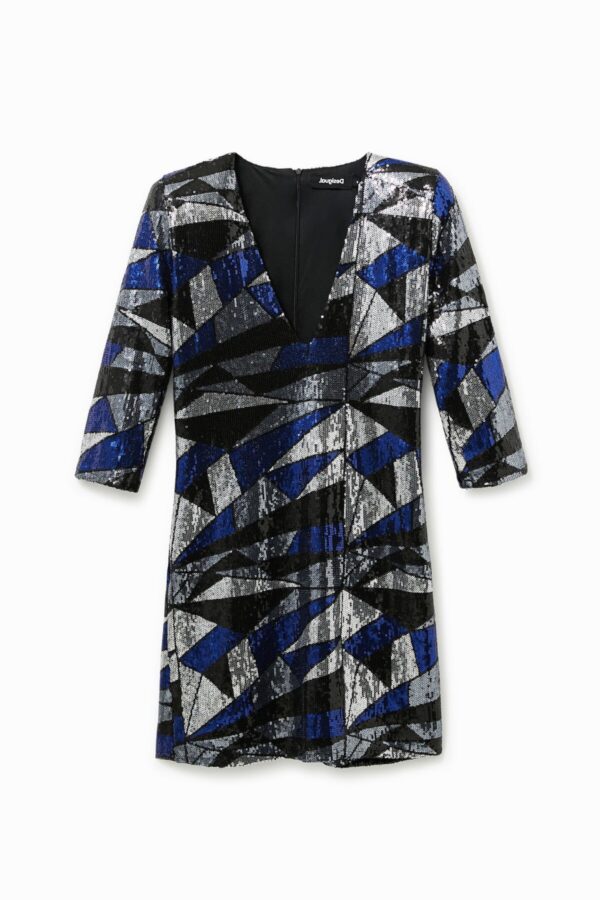 Desigual Geometric Sequin Mini Dress – Blue Silver Black