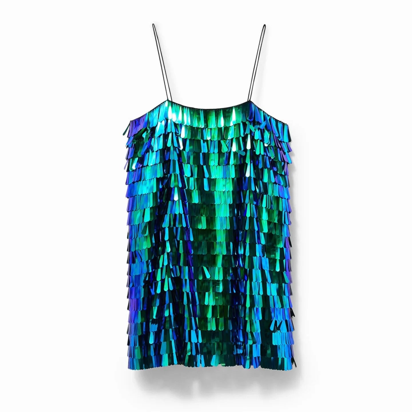 Desigual Iridescent Sequin Fringe Mini Dress – Green Blue