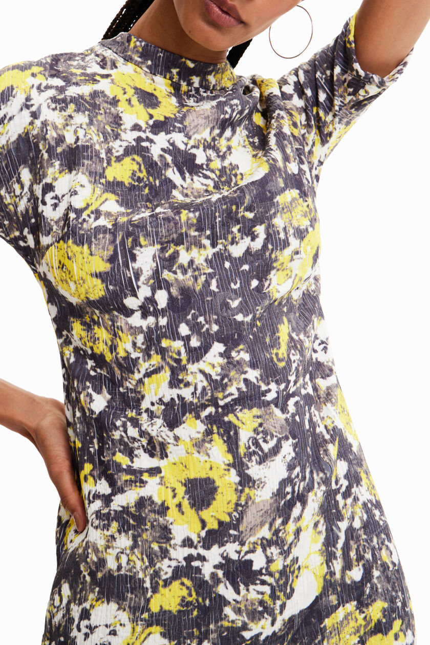 Desigual Sunflower Print Ribbed Mock-Neck Mini Dress – Black Multicolour