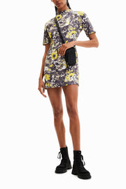 Desigual Sunflower Print Ribbed Mock-Neck Mini Dress – Black Multicolour