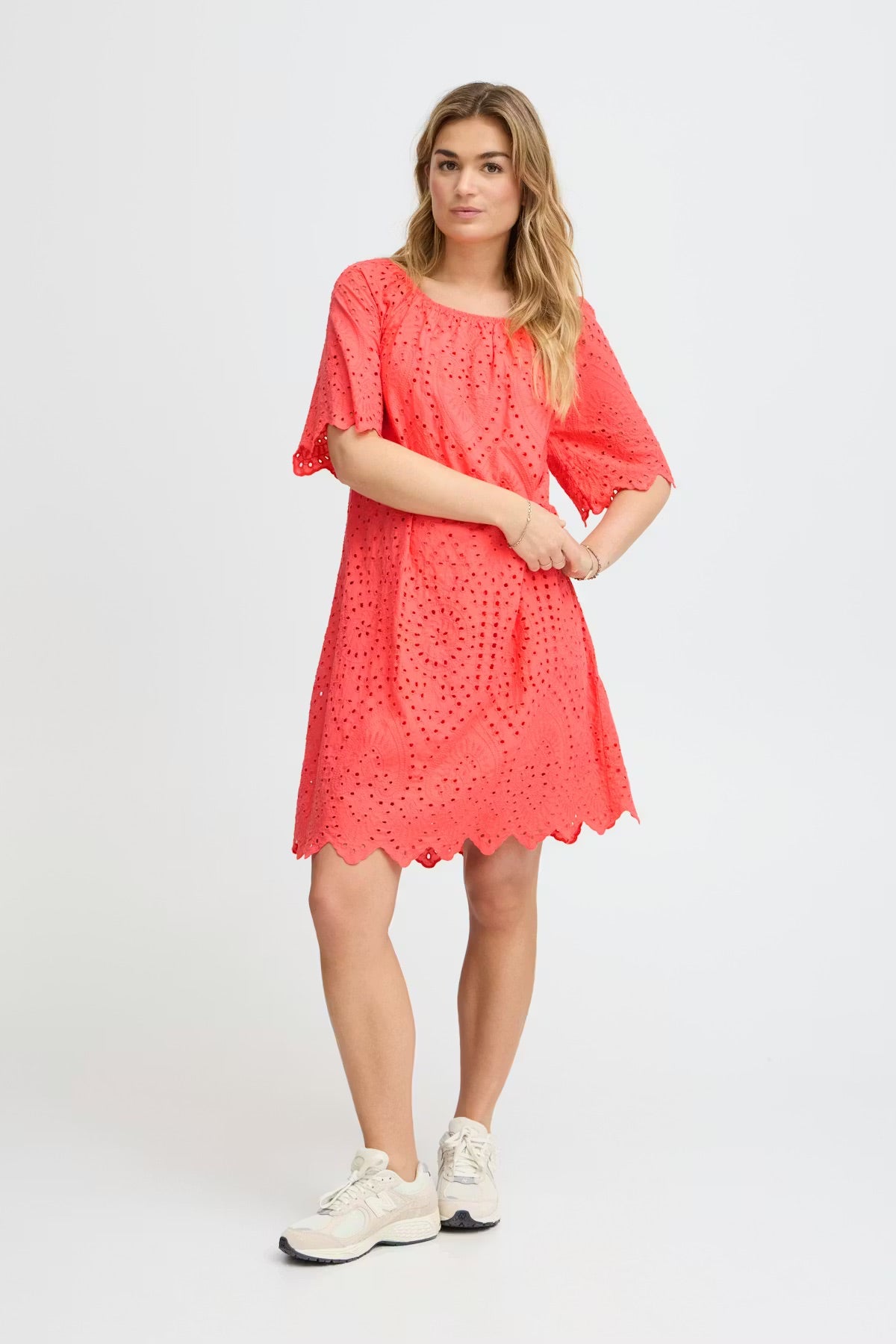 Sorbet Milea Off-Shoulder Broderie Anglaise Dress - Coral Pink