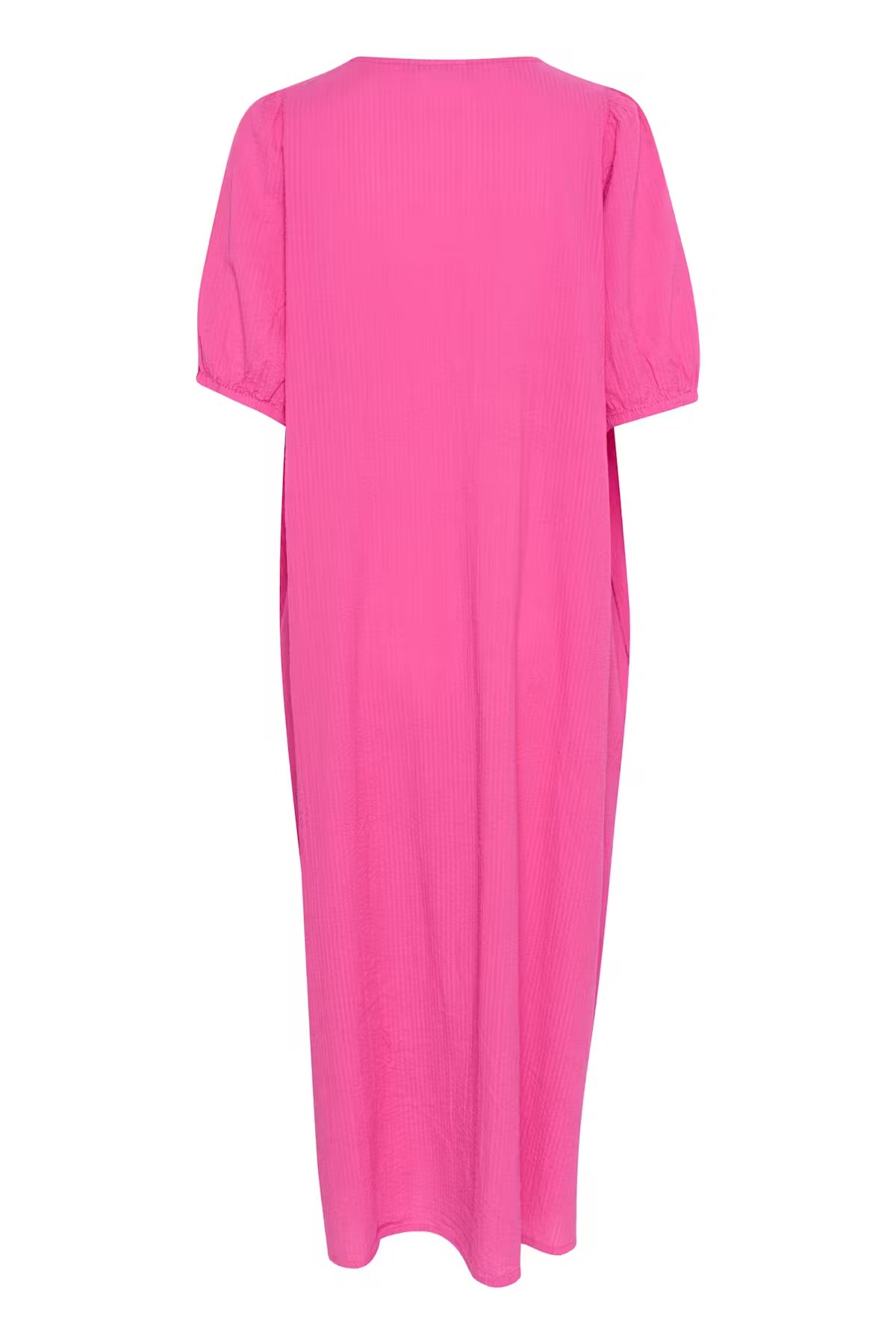 Kaffe KAlinn forró rózsaszín oversize maxi ruha – V-nyakú, puffos, 3/4-es ujjú, oldalzsebes, laza fazonú | Női
