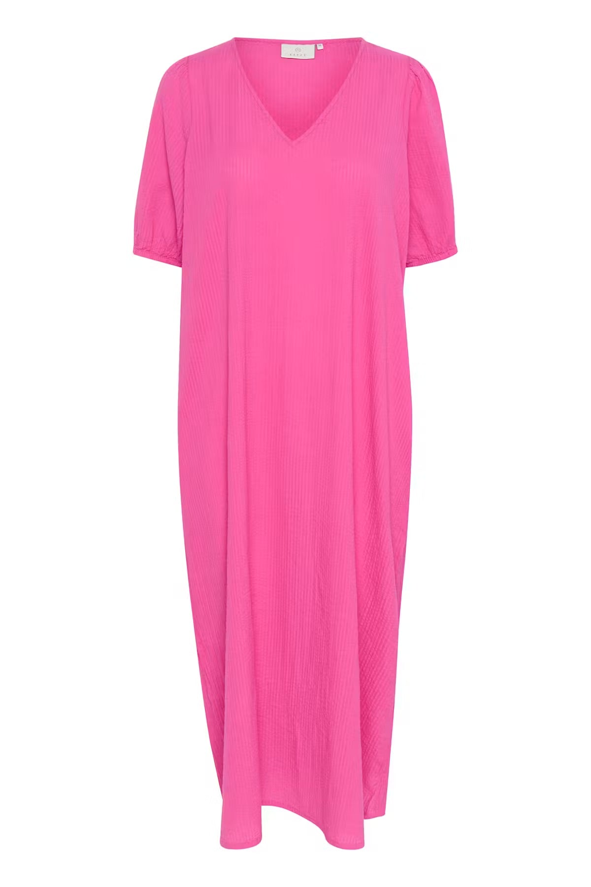Kaffe KAlinn forró rózsaszín oversize maxi ruha – V-nyakú, puffos, 3/4-es ujjú, oldalzsebes, laza fazonú | Női