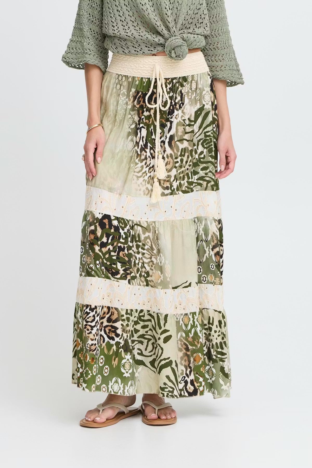 Sorbet Alona Többsoros Maxi Szoknya Állatmintával - Krém és Zsálya