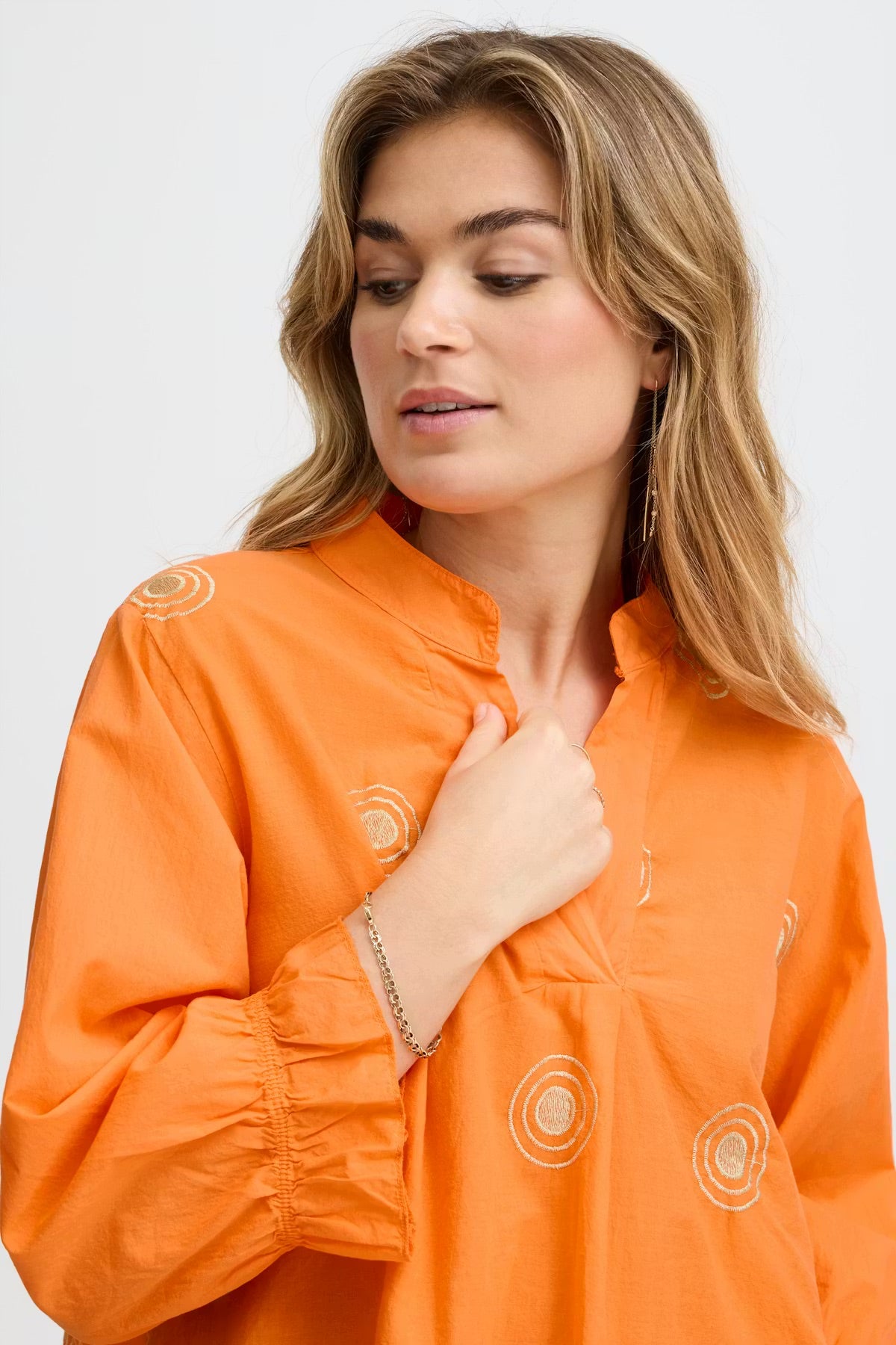 Sorbet Gilsa Embroidered V-Neck Blouse in Tangerine Orange