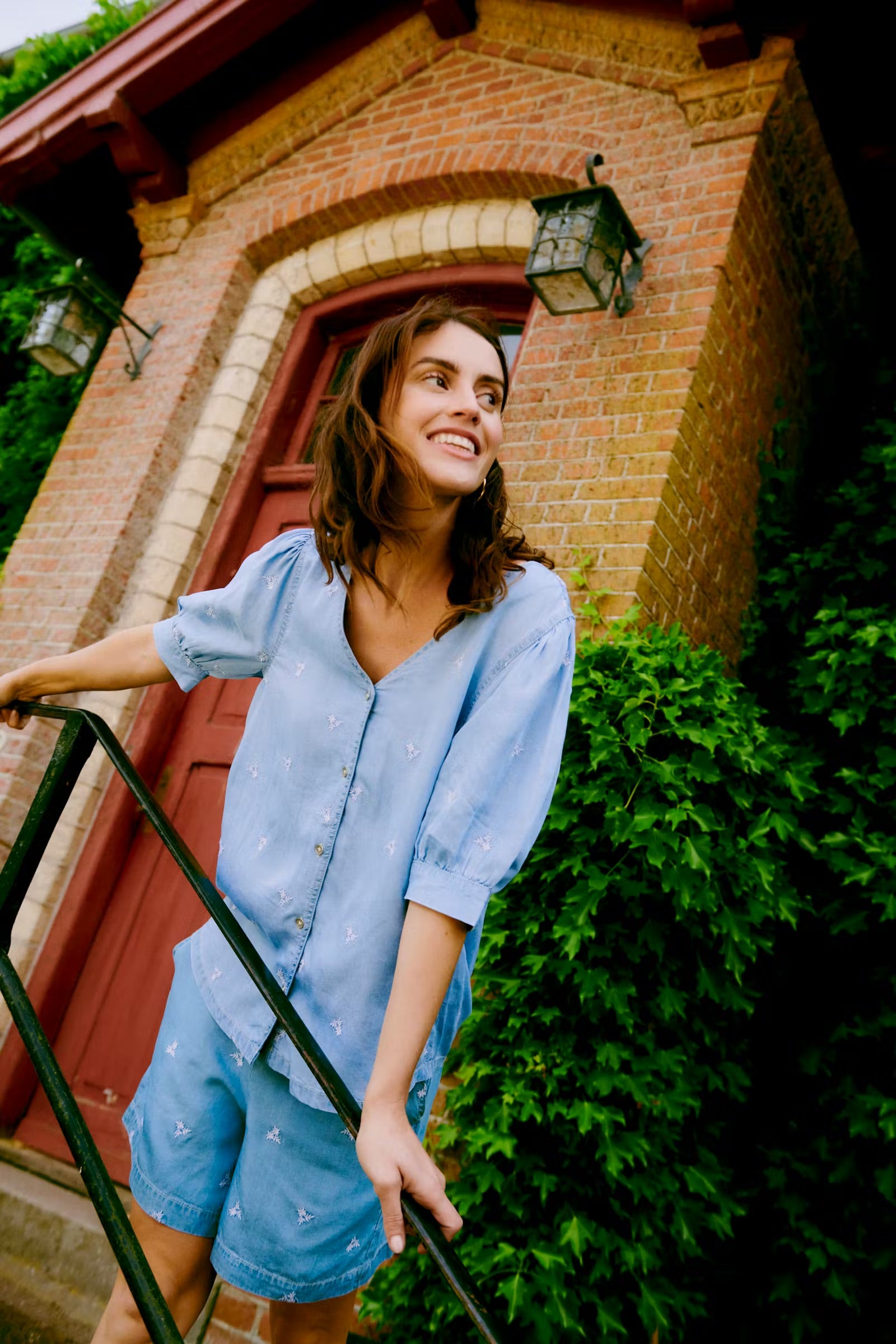 b.young Bykosmo Embroidered Floral Blouse - Light Blue