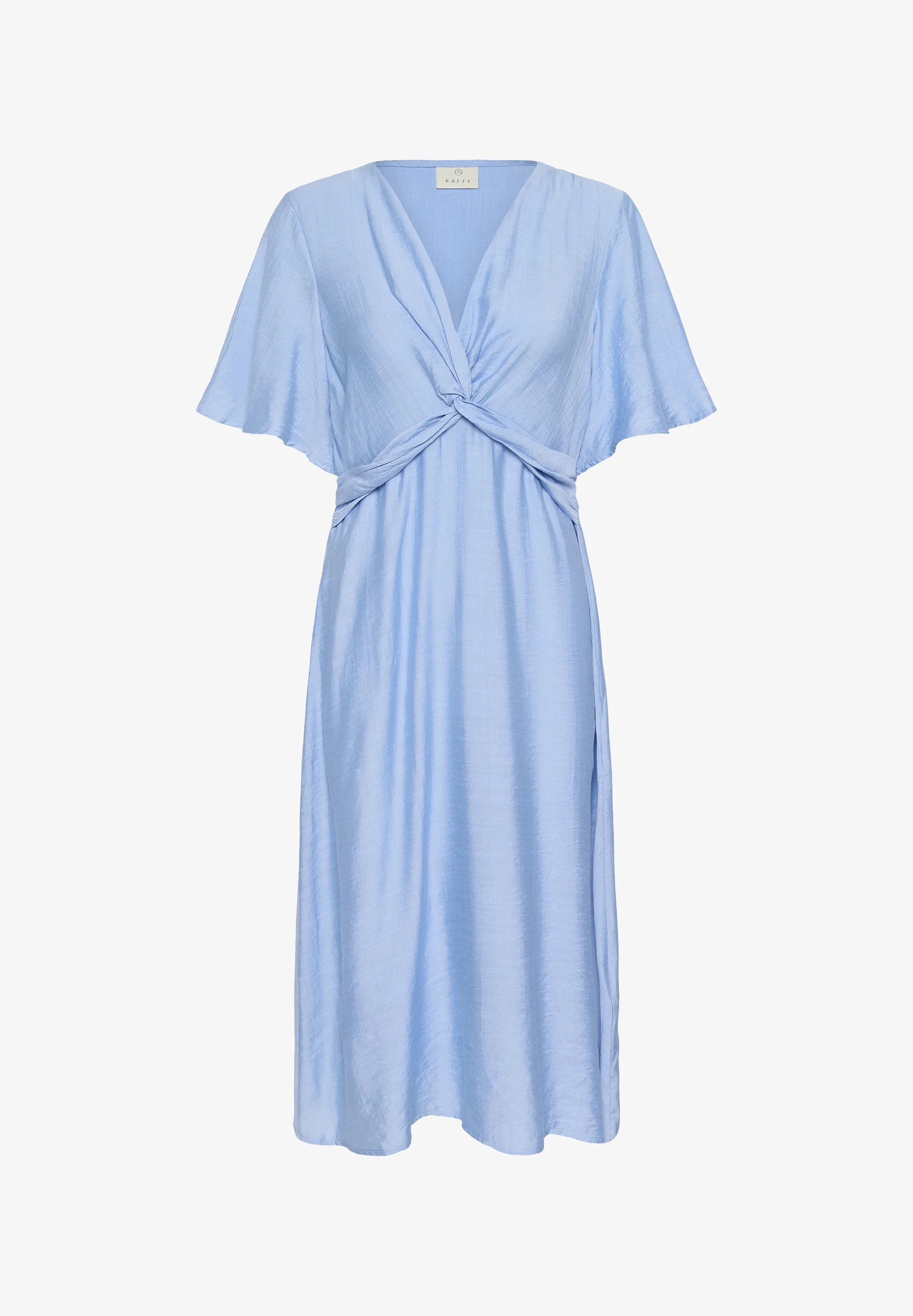 Kaffe KAjasmin Placid Blue Twist Front Midi ruha – V-nyakú, fodros ujjú, gumírozott hátú | Női