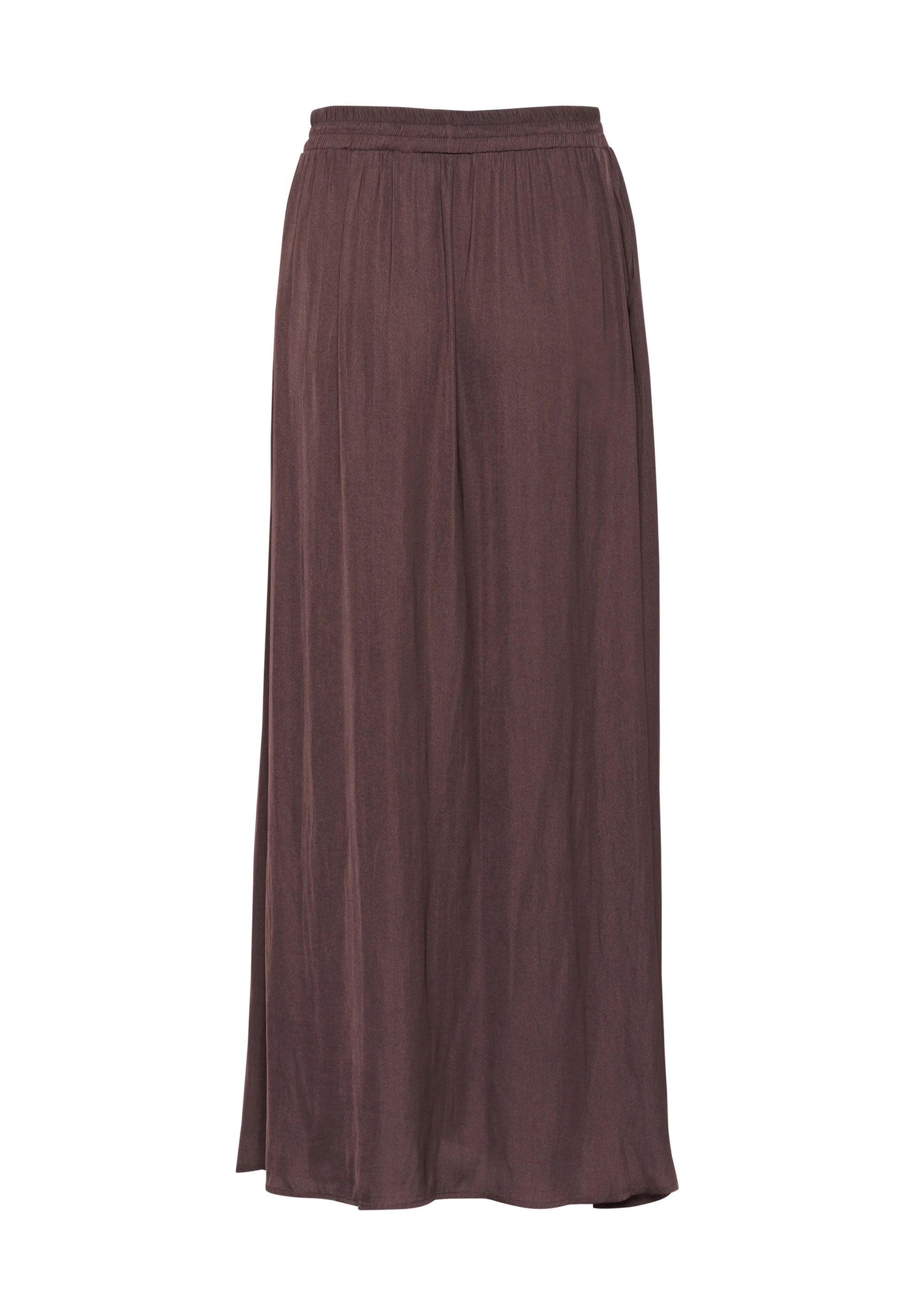 Kaffe KAallie Fudge Brown Satin Pleated Maxi Skirt – Elastic Waist Side Pocket Side Slit | Women