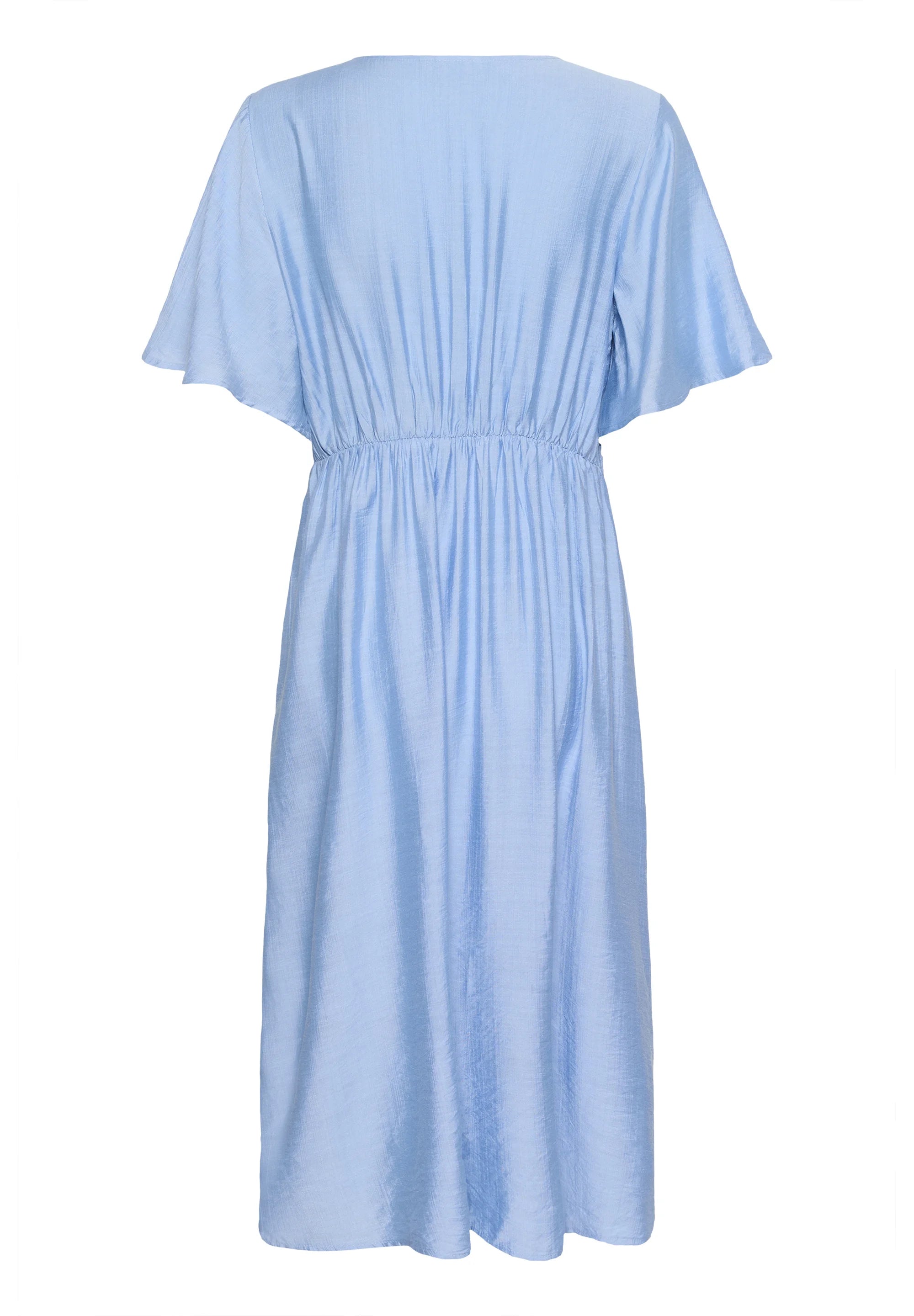 Kaffe KAjasmin Placid Blue Twist Front Midi ruha – V-nyakú, fodros ujjú, gumírozott hátú | Női