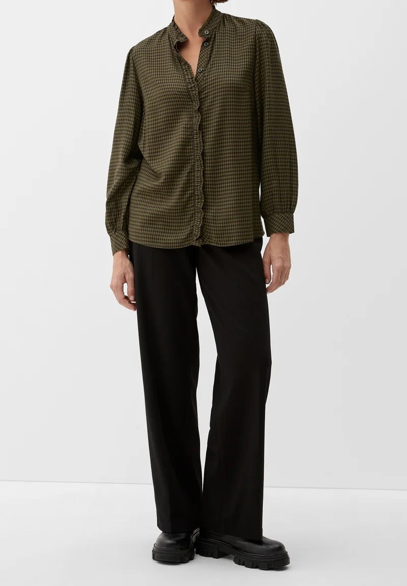 s.Oliver Gingham Check Blouse with Ruffle Collar - Evergreen