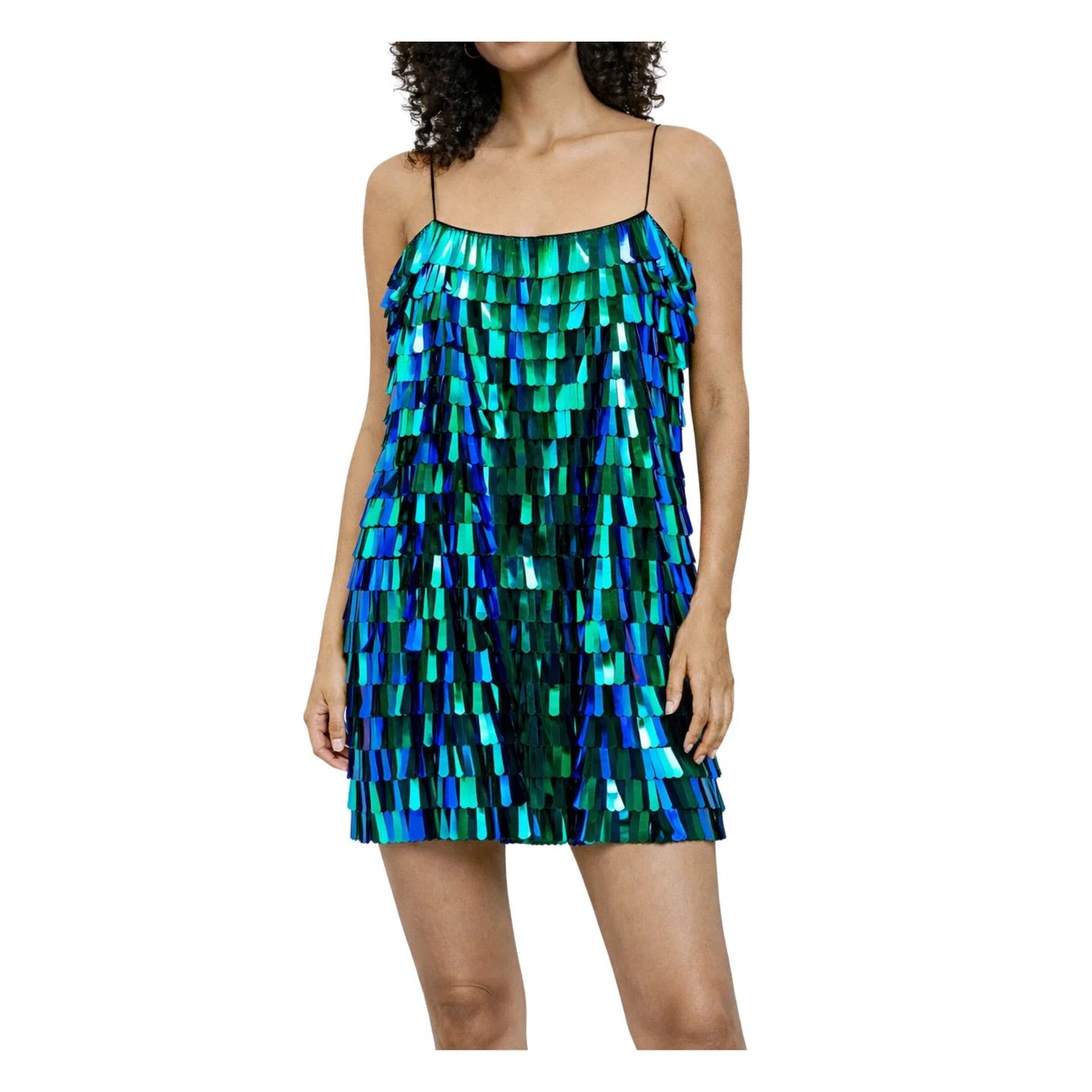 Desigual Iridescent Sequin Fringe Mini Dress – Green Blue