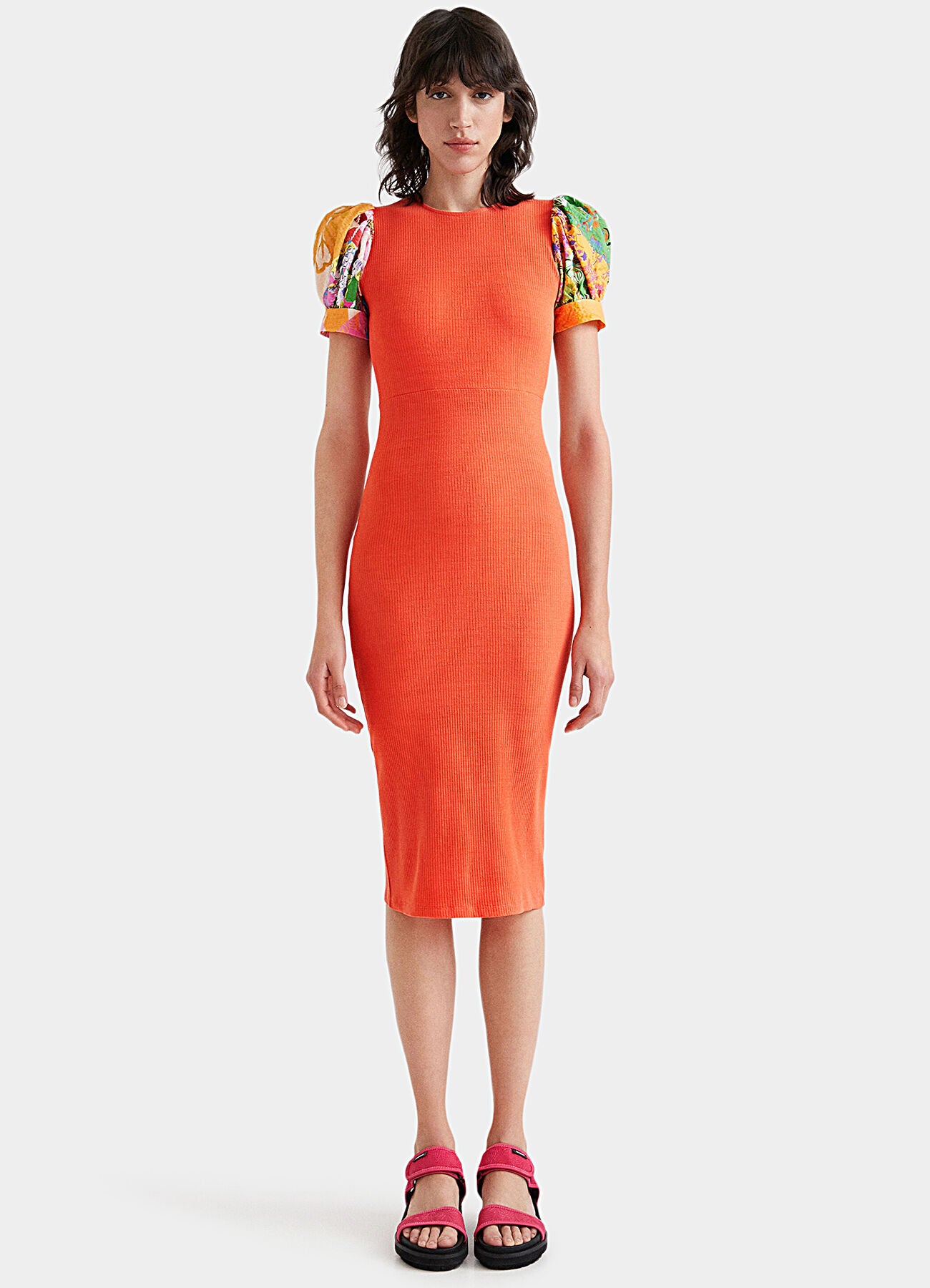 Desigual Ribbed Open-Back Midi Dress with Floral Puff Sleeves – Orange
