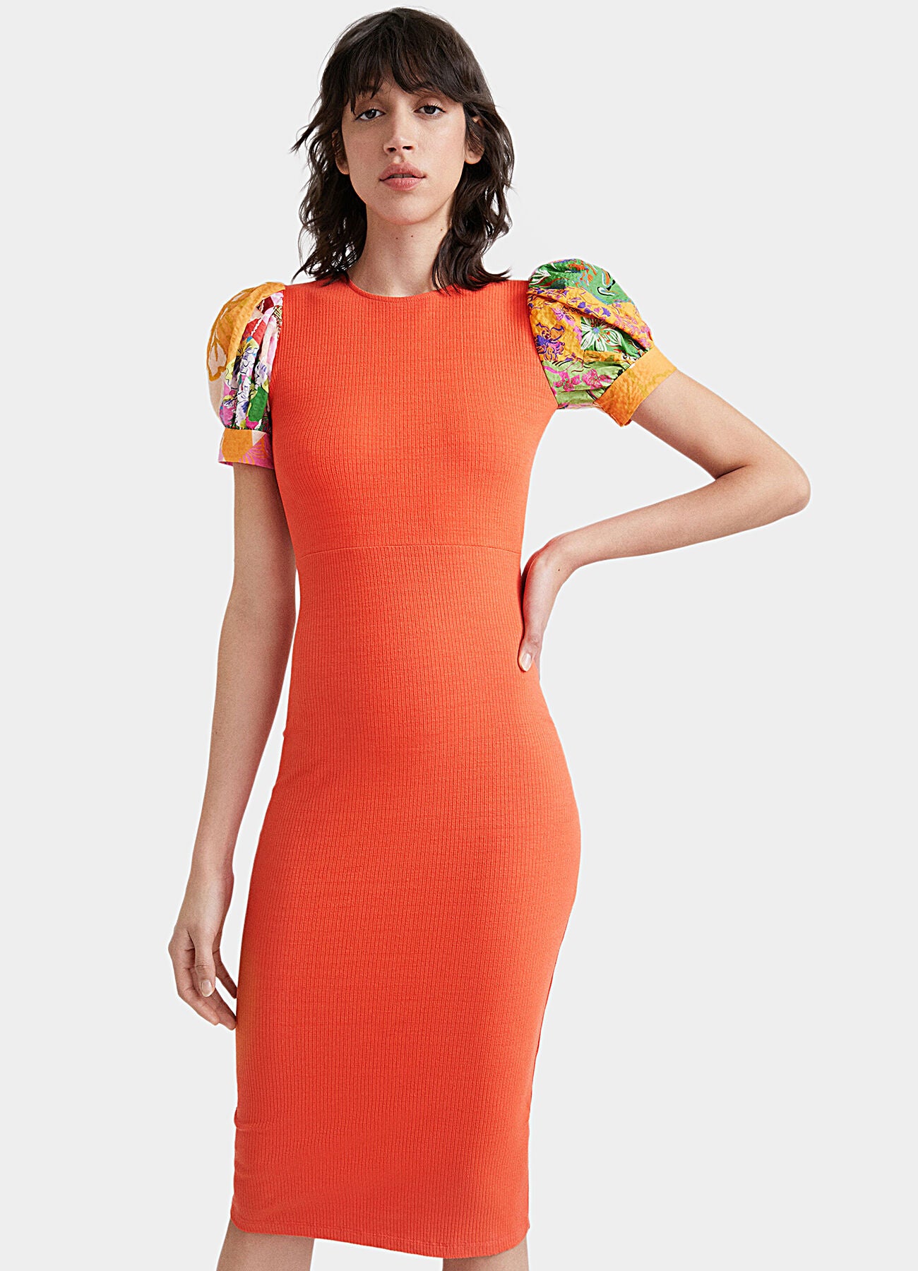 Desigual Ribbed Open-Back Midi Dress with Floral Puff Sleeves – Orange