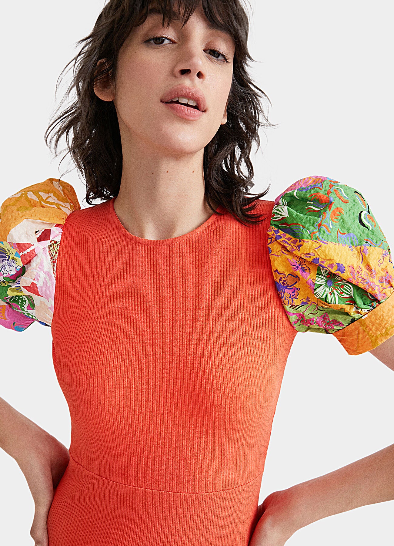 Desigual Ribbed Open-Back Midi Dress with Floral Puff Sleeves – Orange