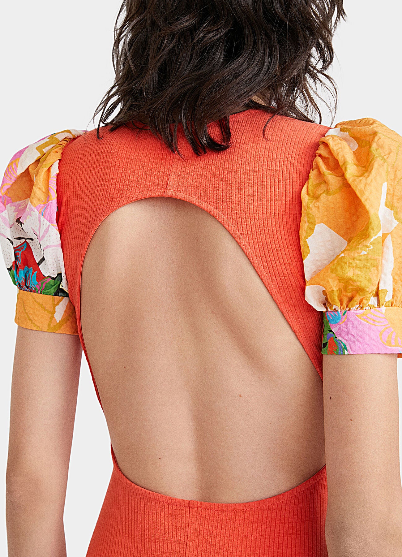 Desigual Ribbed Open-Back Midi Dress with Floral Puff Sleeves – Orange