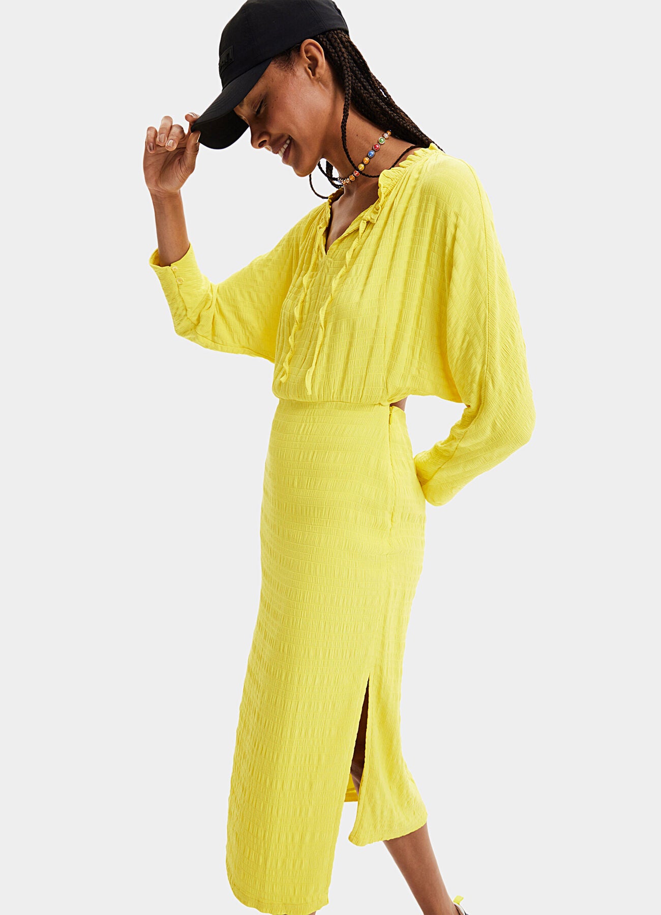 Desigual Textured Cut-Out Back Midi Dress – Yellow