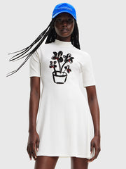 Desigual Ribbed Floral Embroidery Mini Dress – White