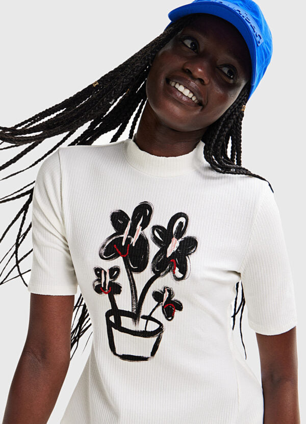 Desigual Ribbed Floral Embroidery Mini Dress – White