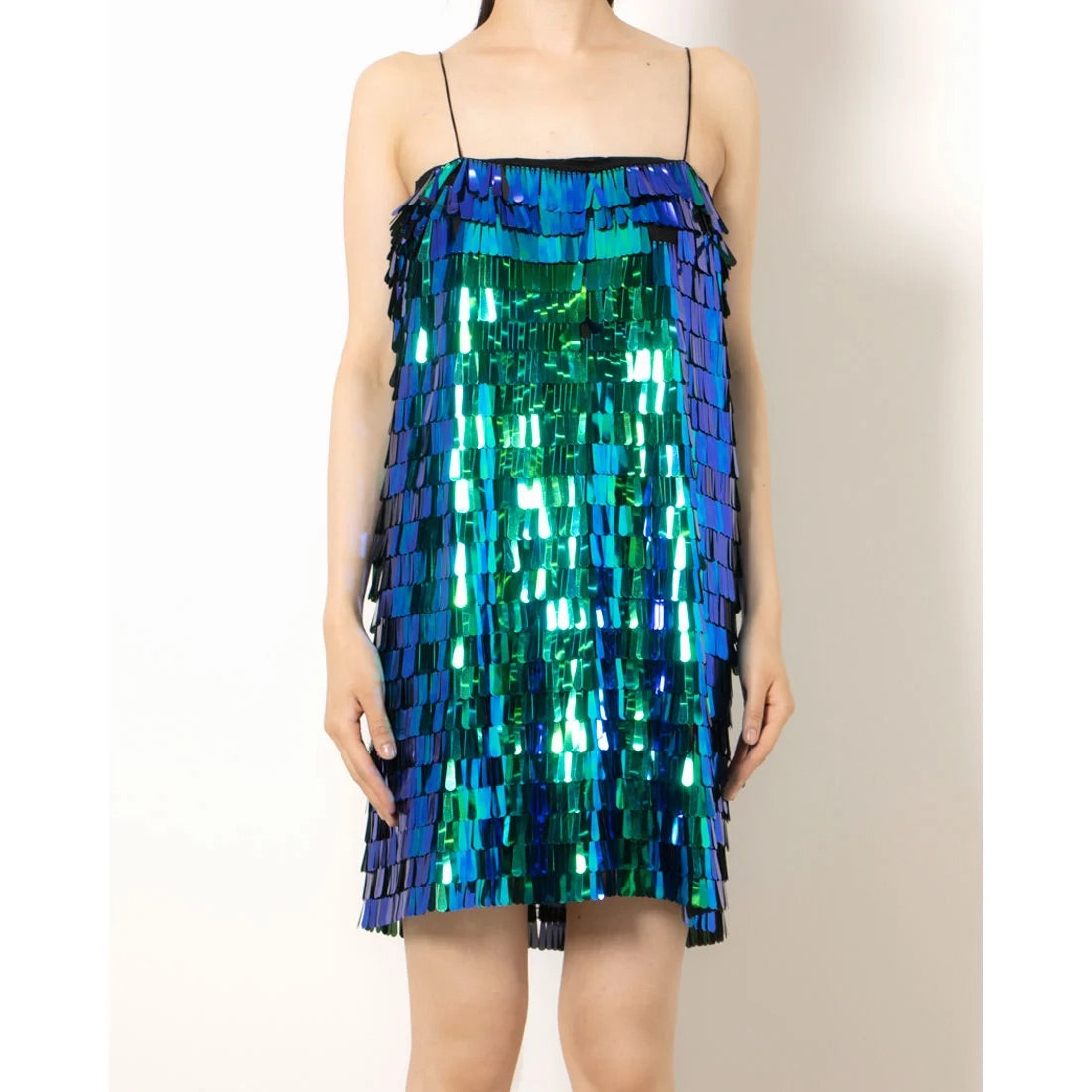 Desigual Iridescent Sequin Fringe Mini Dress – Green Blue