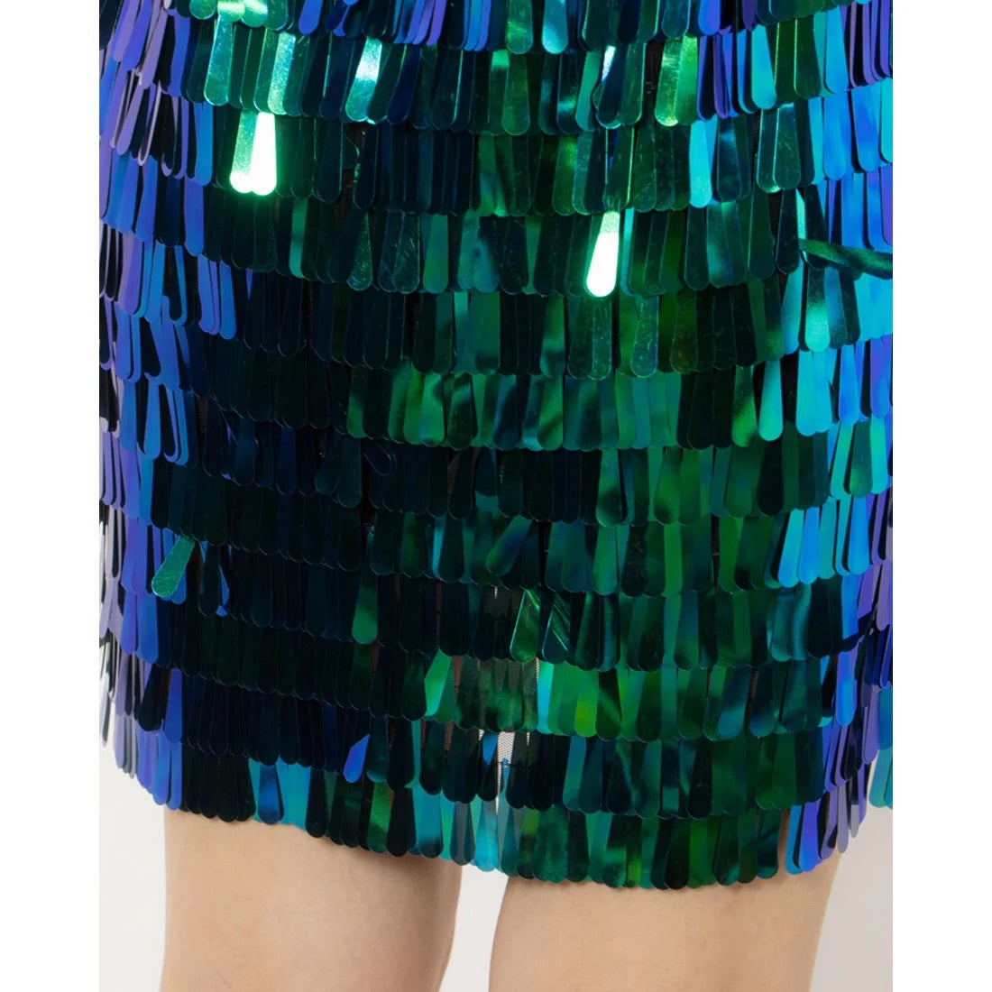 Desigual Iridescent Sequin Fringe Mini Dress – Green Blue