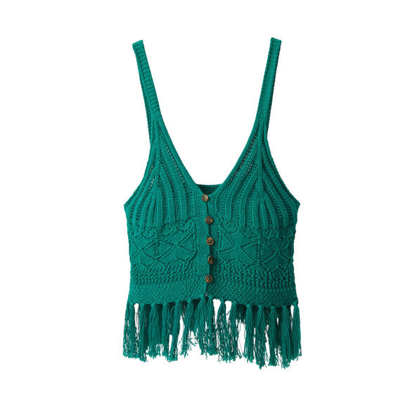 Desigual Emerald Green Crochet Knit Tank Top with Fringe