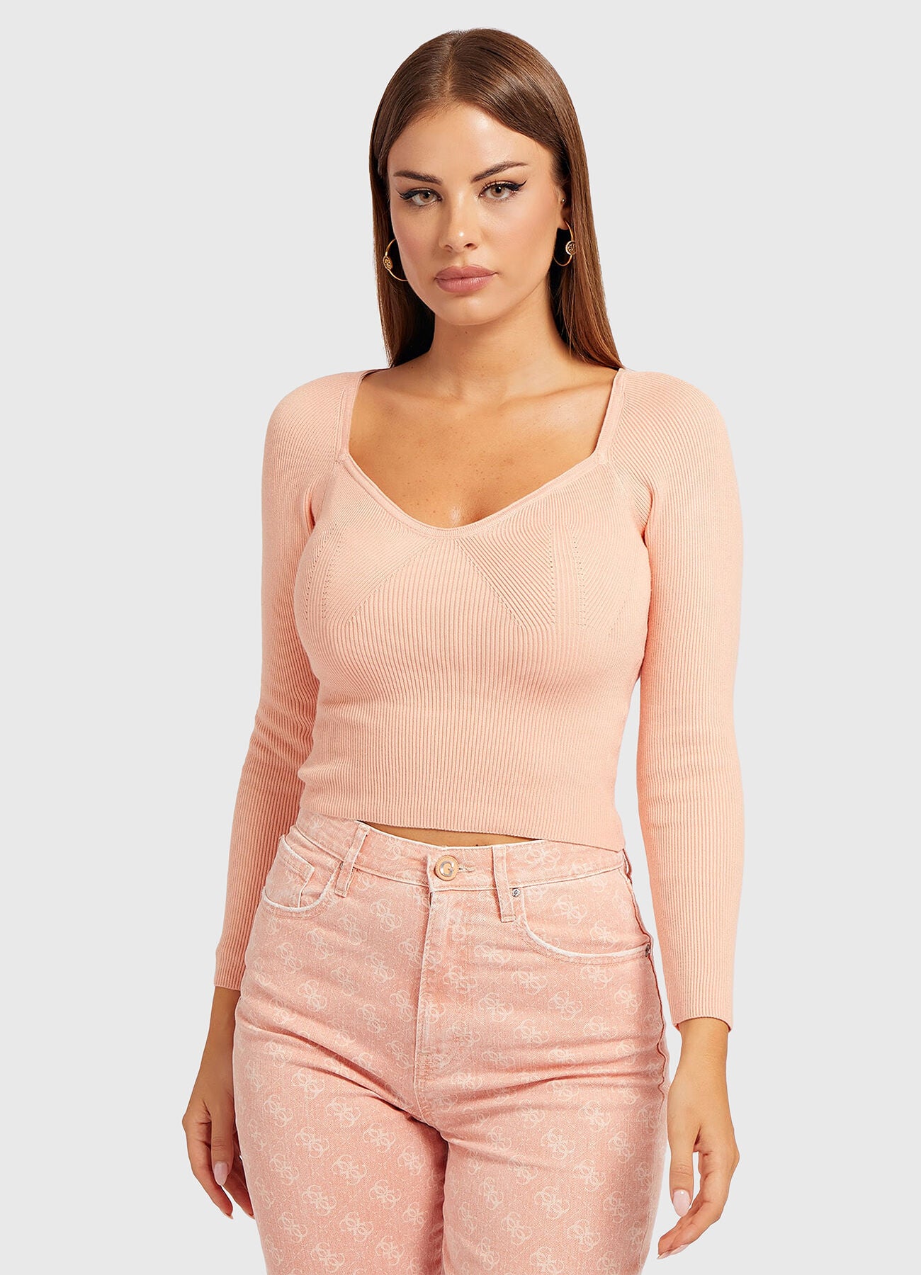 Guess Sweetheart Sonnet rózsaszín bordázott crop pulóver – hosszú ujjú | L méret
