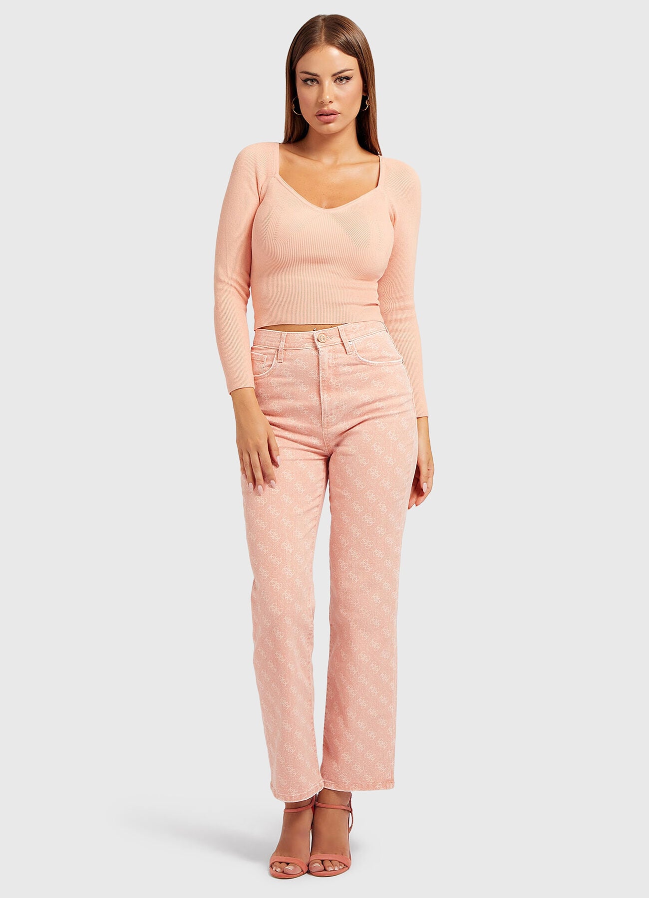 Guess Sweetheart Sonnet rózsaszín bordázott crop pulóver – hosszú ujjú | L méret