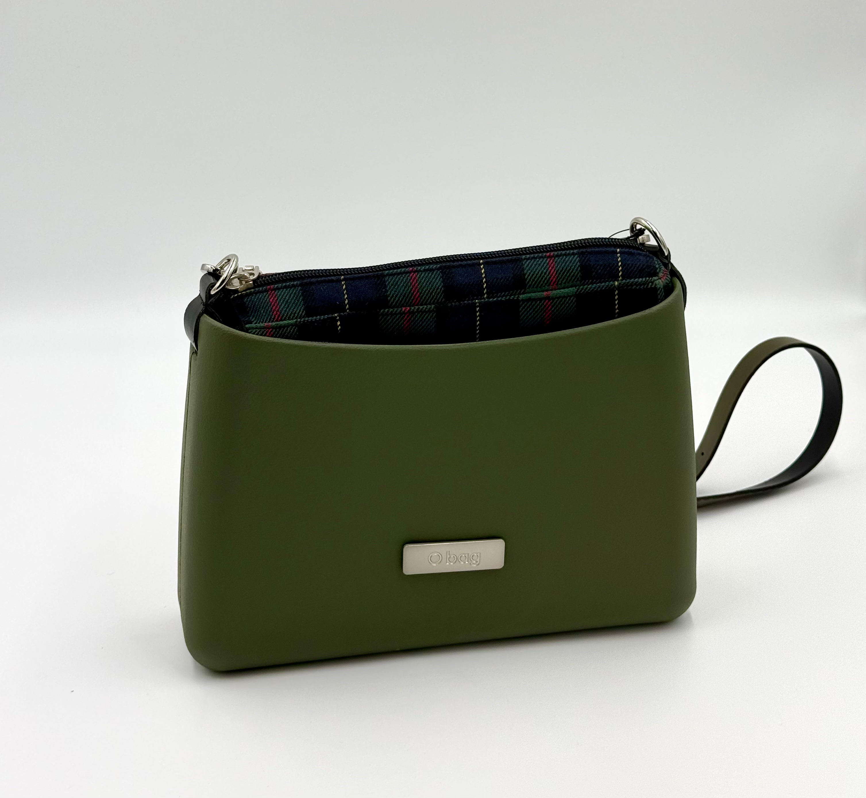 O bag Glam – olive green with zippered checkered lining
