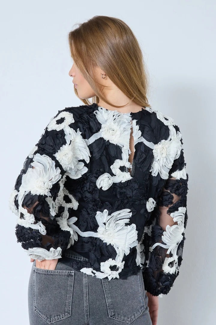Co'couture Fleur CC bolyhos, hosszú ujjú blúz – fekete