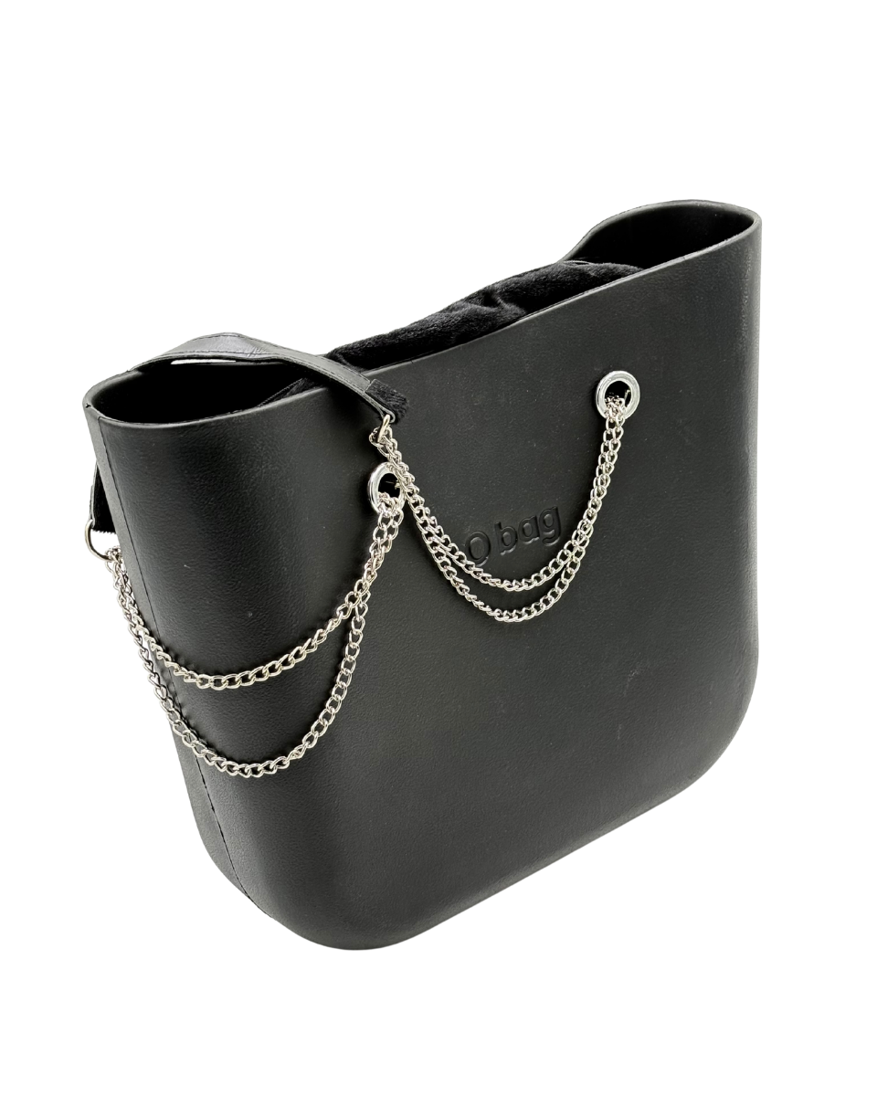 O bag – Fekete Tote táska ezüst láncfogantyúval és fekete plüss belsővel