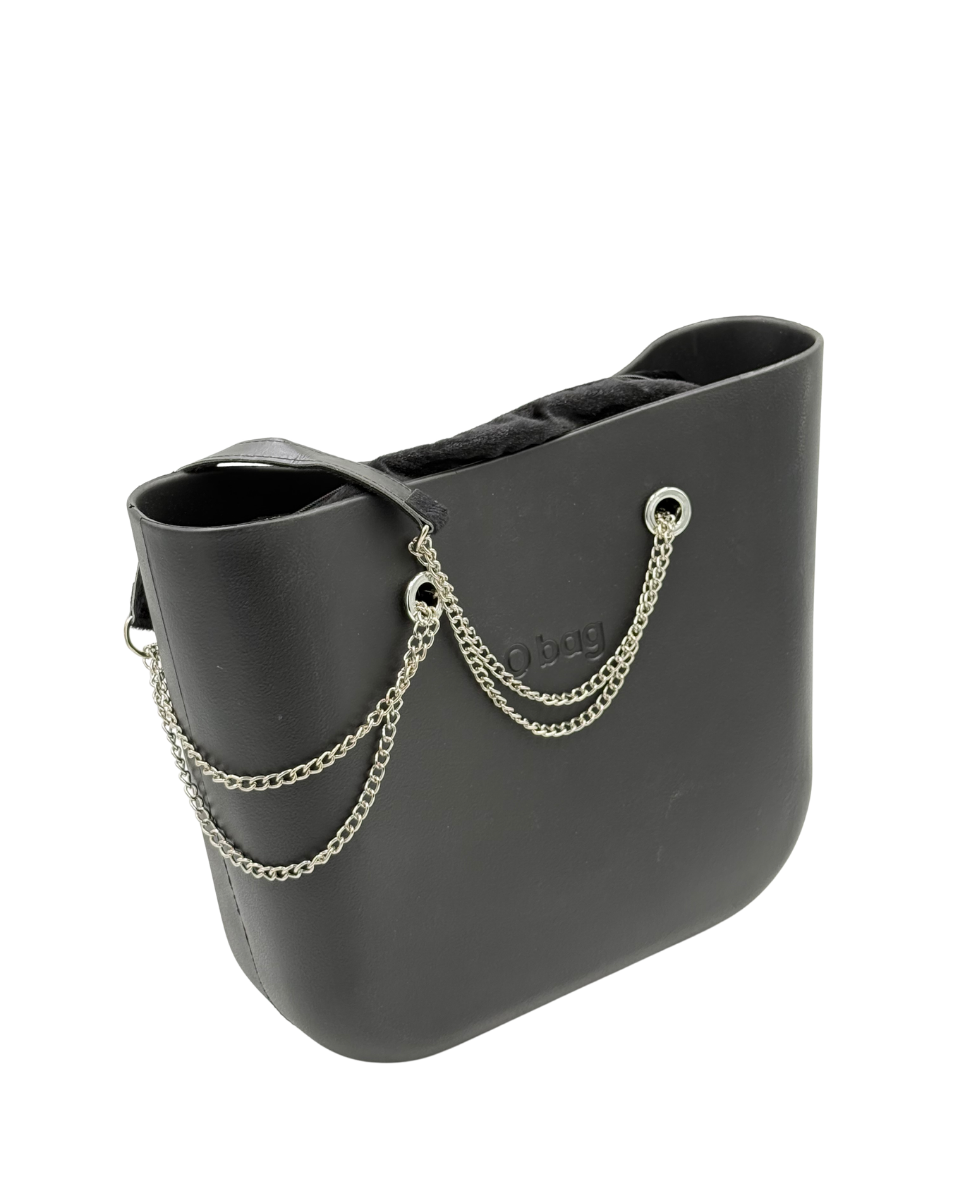O bag – Fekete Tote táska ezüst láncfogantyúval és fekete plüss belsővel