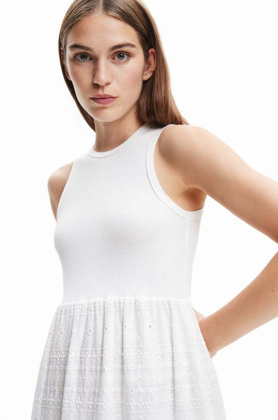 Desigual Bordázott Felsőrészű, Broderie Középhosszú Ruha – Fehér