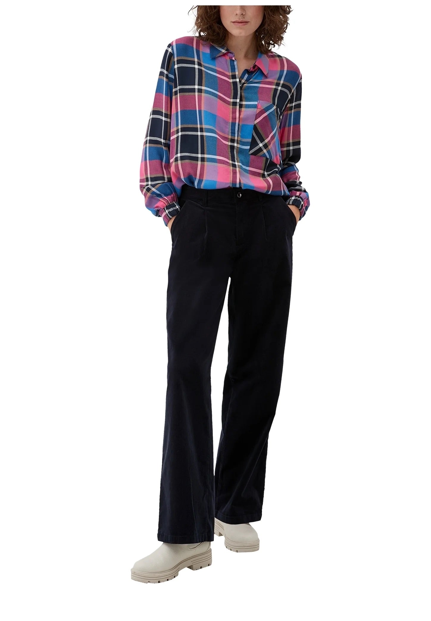 s.Oliver Oversized Plaid Shirt - Navy Blue, Pink & Purple