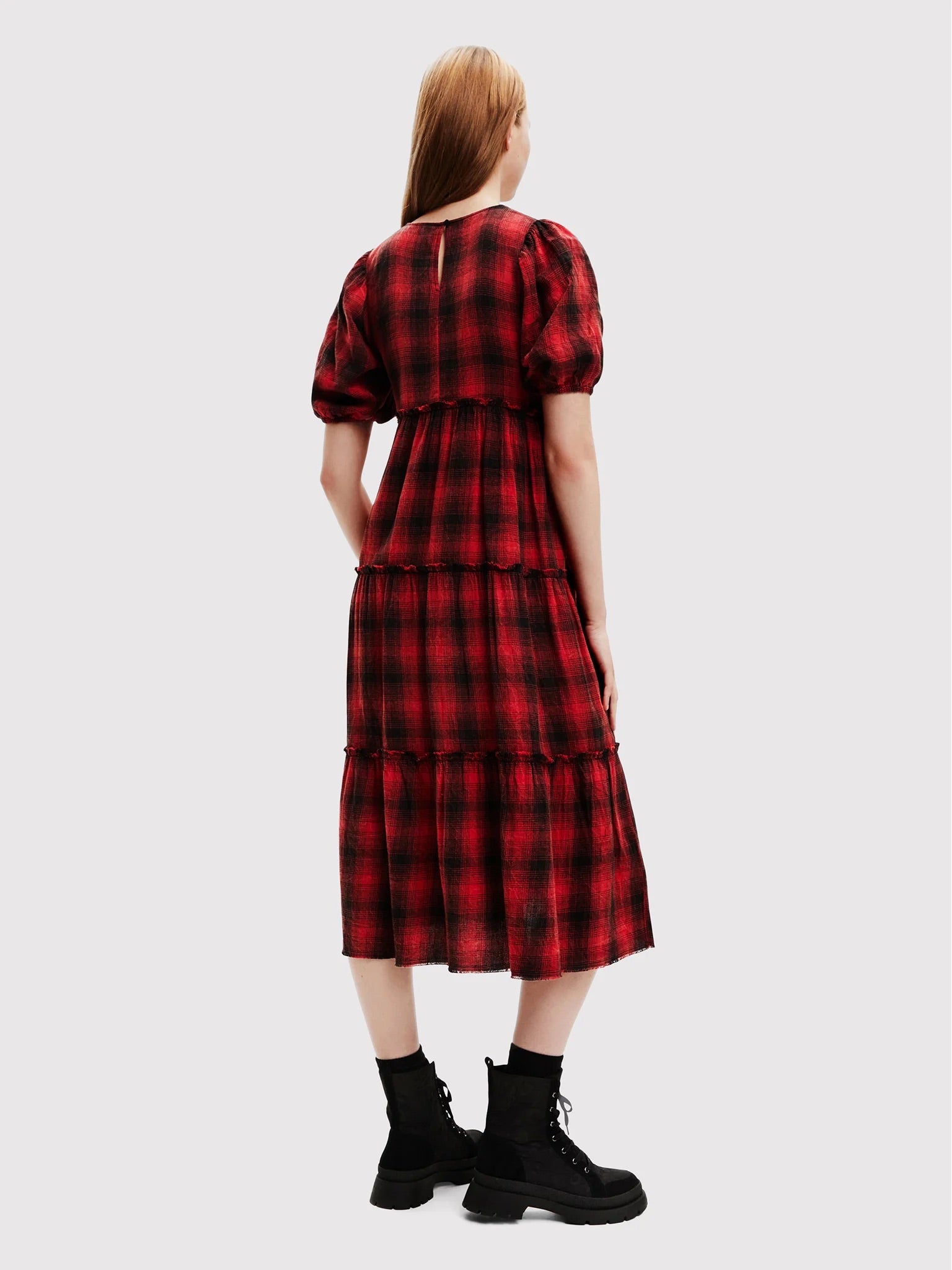 Desigual Khan Tartan Tiered Midi Dress – Red