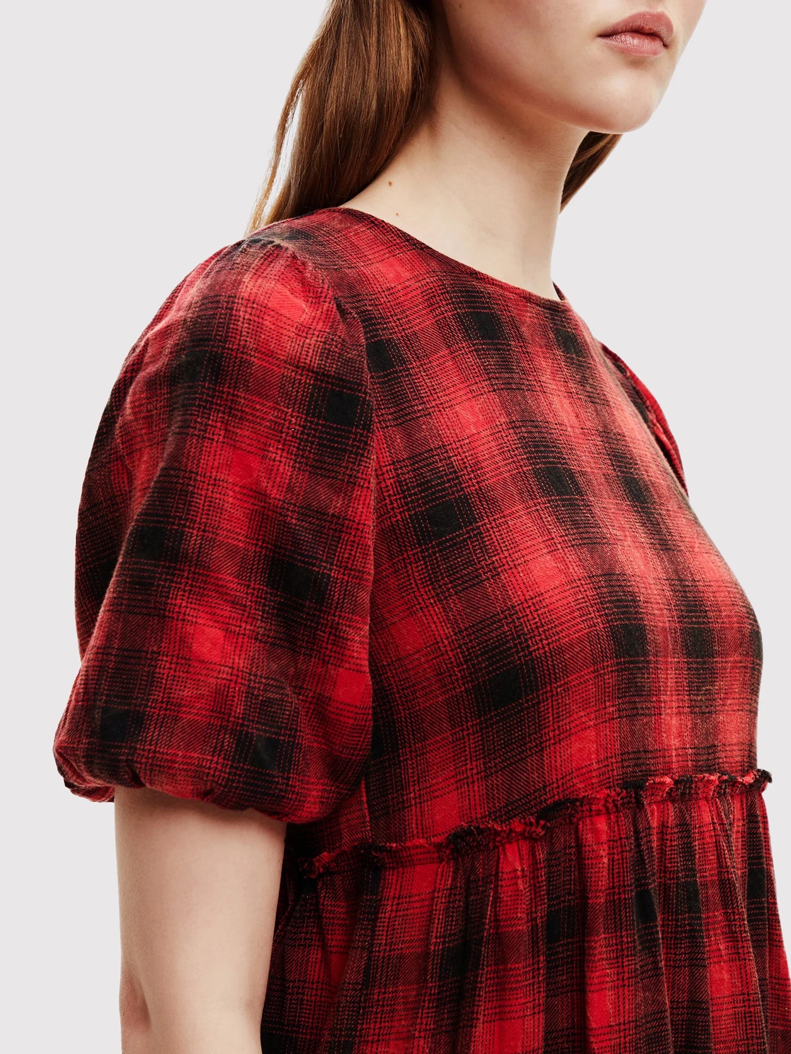 Desigual Khan Tartan Tiered Midi Dress – Red