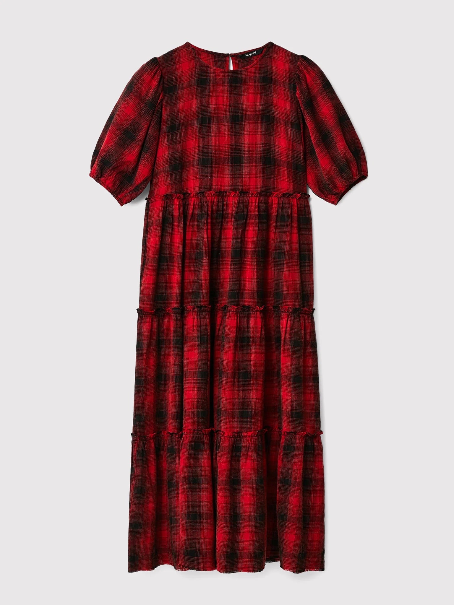 Desigual Khan Tartan Tiered Midi Dress – Red