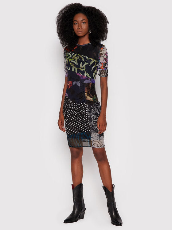 Desigual Amber Patchwork hálós miniruha – fekete, többszínű