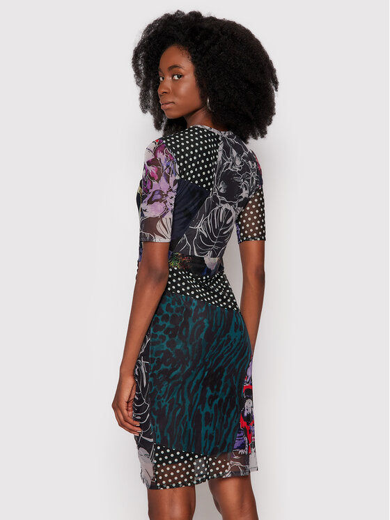 Desigual Amber Patchwork hálós miniruha – fekete, többszínű