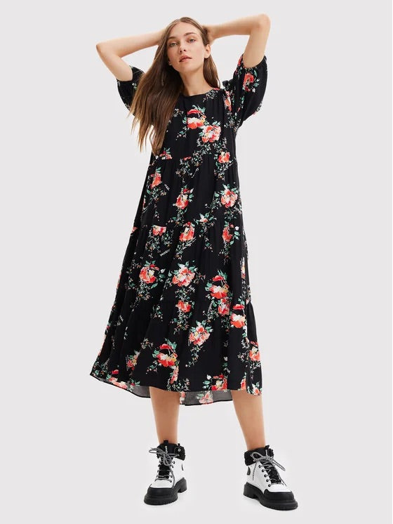 Desigual Florencia Floral Tiered Midi Dress – Black