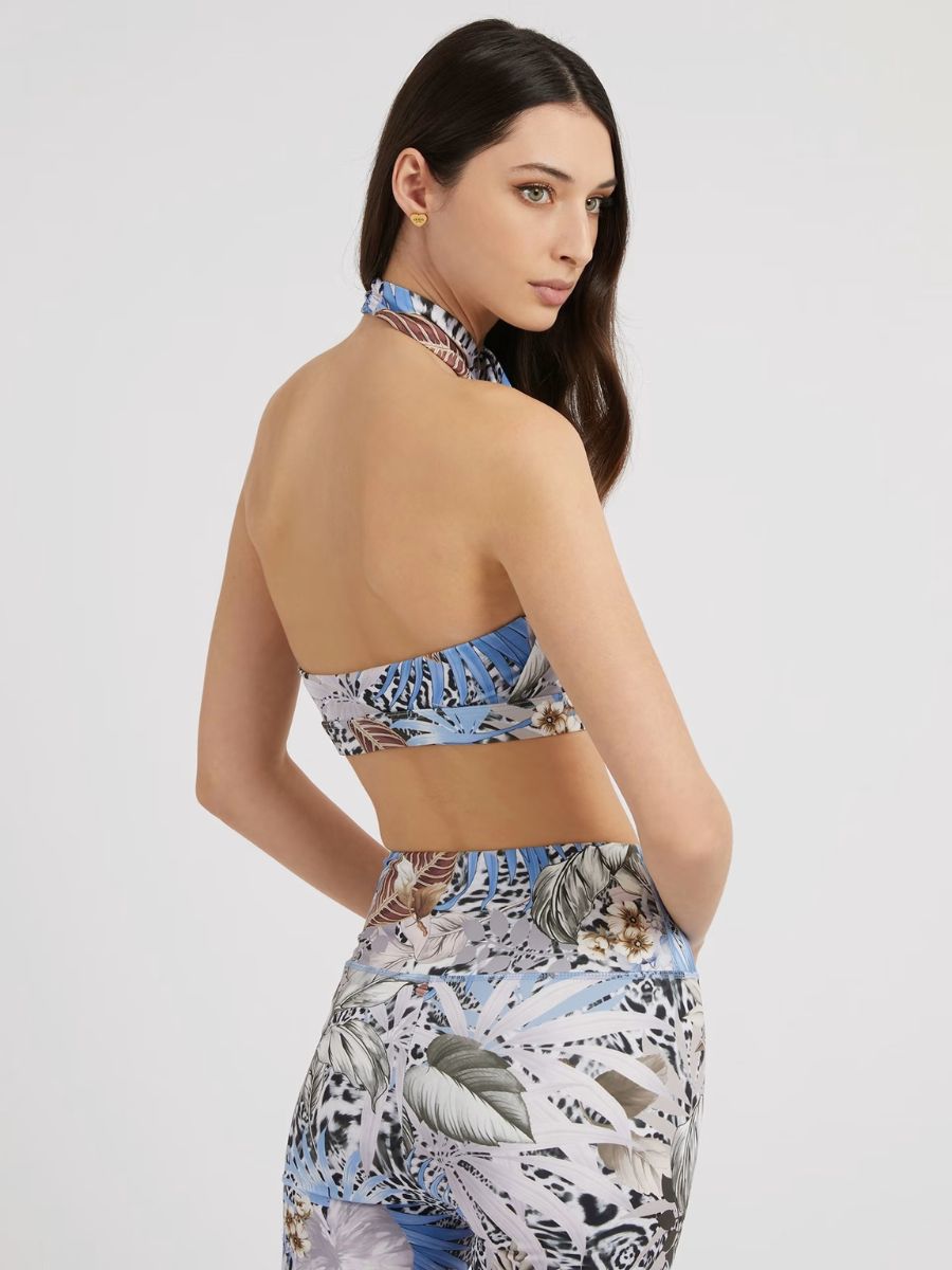 Guess Carlene Active trópusi mintás, keresztpántos melltartó – kék | Ujjatlan